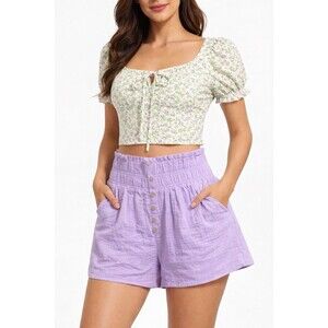 2Pc Womens Outfit Floral Crop Top Purple High Waist Shorts Summer Cottagecore
